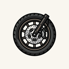 Obraz premium Detailed illustration of a motorcycle front wheel with tire, disc brake, and suspension fork on a light background.