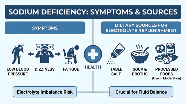 Sodium deficiency symptoms featuring low blood pressure, dizziness, and fatigue alongside dietary food sources like salt and soup for electrolyte replenishment and optimal health maintenance.