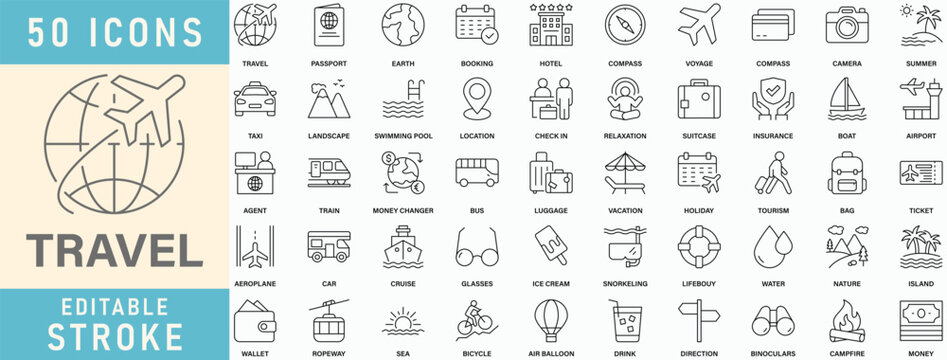 Travel line icon collection. Editable stroke. Vector illustration.