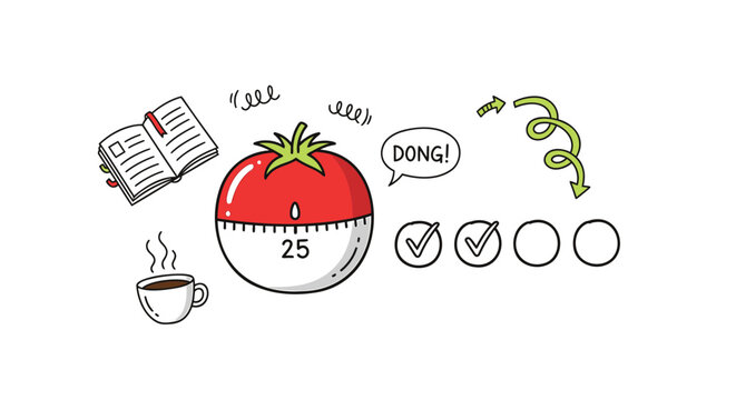 Pomodoro timer, productivity icons, tomato timer set, time management symbols, vector illustrations