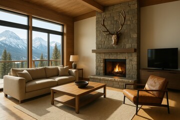 Fototapeta premium Cozy mountain cabin interior with modern rustic architecture, warm lighting, and scenic snowy peaks in the background through large windows. Ai generative