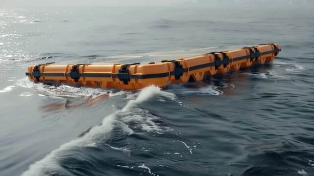 Floating solar raft survival equipment for orange ocean emergency water situations, modular rescue outdoor technology and renewable energy innovation