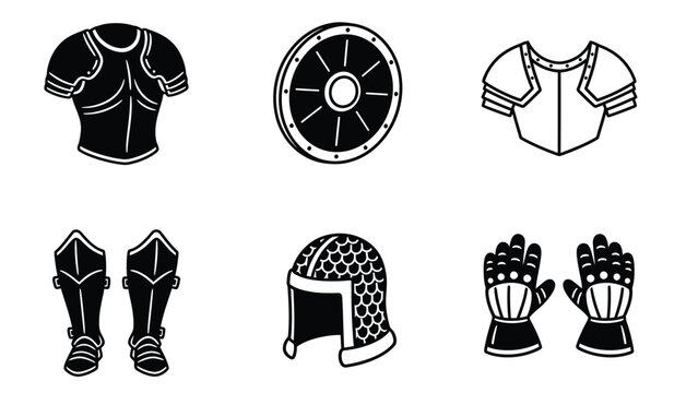 Medieval and Fantasy Armor Icons Set: Knight Warrior Protection Gear Vector Graphics Collection