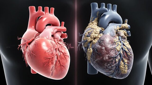 Comparison of a healthy human heart and a diseased heart with cholesterol plaques and atherosclerosis