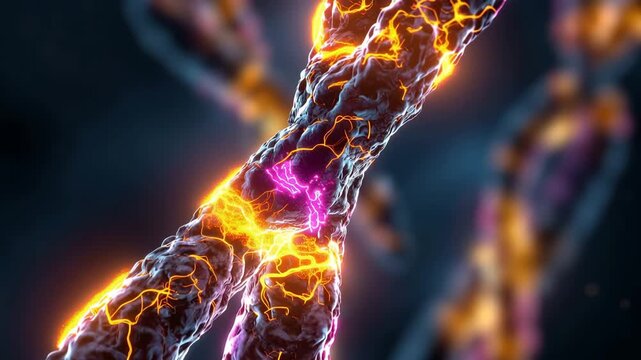 Chromosome DNA gene duplication science biology glowing closeup abstract medical vibrant energy structure research microscopic detail molecular