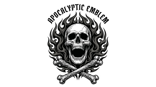 Scary Skull Head with Fire and Bones Tattoo Style Design