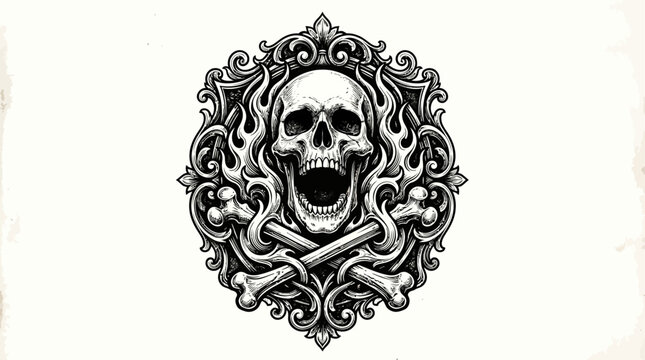 Black and White Skull with Flames Dark Fantasy Illustration