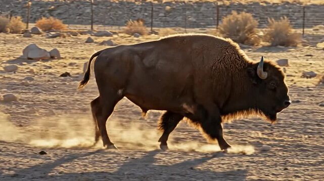 A large bison walking through dusty dry terrain in the sunlight