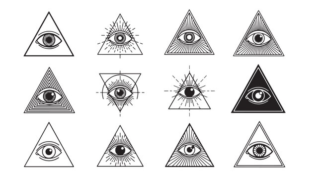 Eyes triangle symbol set with ornate line art, sacred geometry style, and mystical occult design for posters and icons featuring mysticism, tattoo,