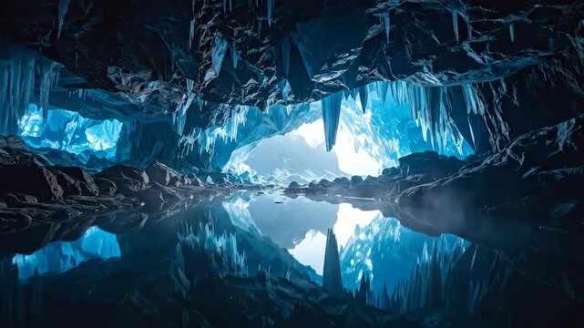 Majestic Ice Cave with Reflective Water and Stunning Blue Ice Formations.