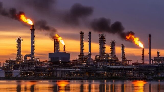 Industrial Vista: The imposing silhouette of an industrial plant at dusk, with flames of combustion erupting from chimneys, set against a fiery sky, symbolizing energy production and industrial might.