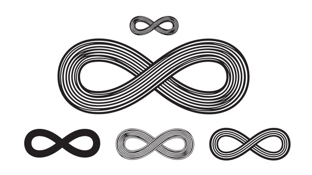 Infinity symbol set with black and striped line patterns for premium logo and branding designs featuring loop, endless, number eight with eternity