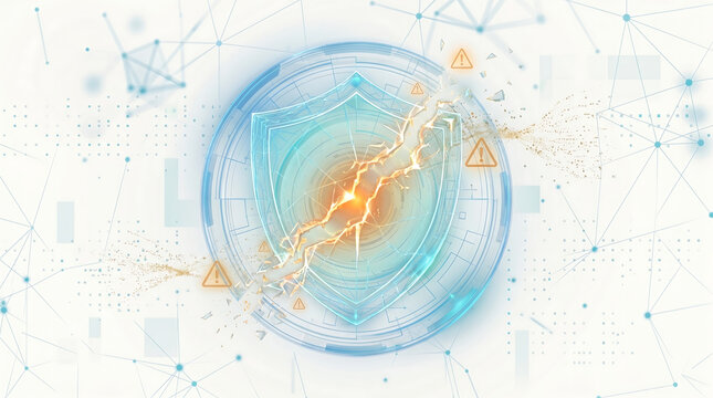 Digital cybersecurity firewall breach illustration with glowing shield cracking under threat and network connectivity nodes for data protection and technology risk concepts