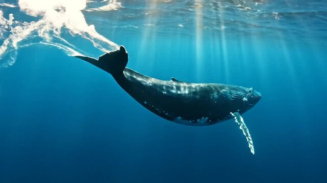 A majestic whale swims through the deep blue ocean with sunlight filtering from above