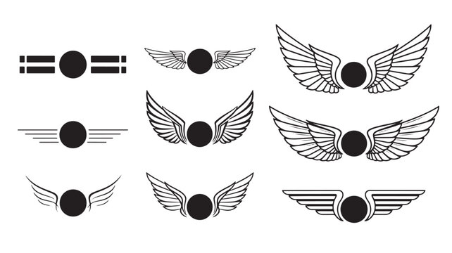 Eagle wings logo set with black circle emblem and stylized feather outlines for premium branding and badges featuring bird mark, heraldic badge,