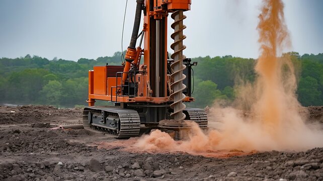 Heavy drilling machine excavating soil at construction site