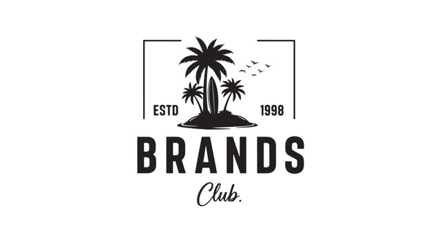 Surfboard logo with palm tree island scene, ESTD 1998 text, and birds flying, vintage beach club emblem design featuring surf branding, coastal art,
