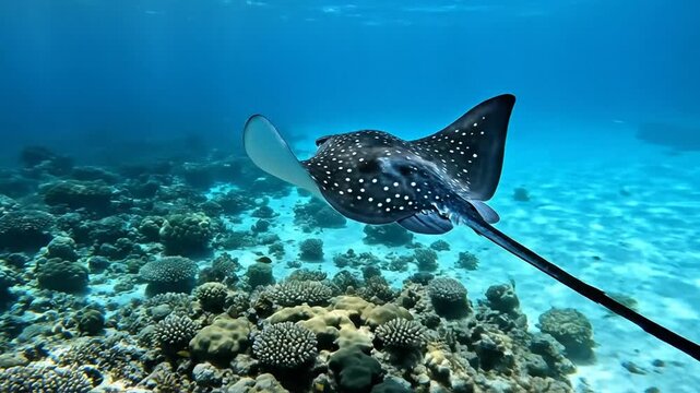 A Spotted Stingray Glides Over a Coral Reef in the Deep Blue Ocean