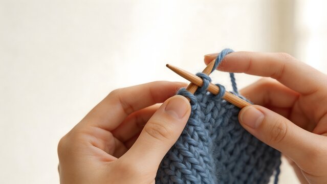 Hands knitting with blue yarn