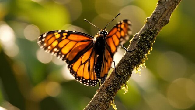 A monarch butterfly perches on a branch.