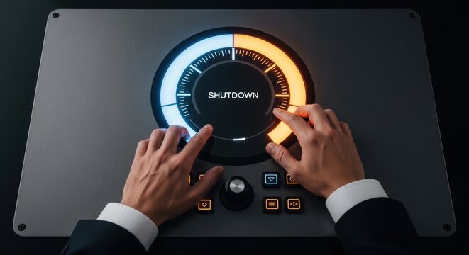 Person in business suit pressing glowing shutdown button on futuristic digital control panel, for critical decision, system termination, final corporate conclusion