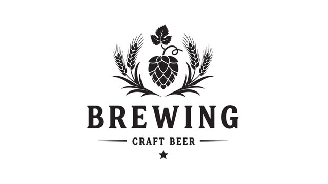 Brewing emblem craft beer logo with wheat hops leaves and vintage typographic &ldquo;BREWING&rdquo; text for bar branding featuring brewery, hop cones, grain