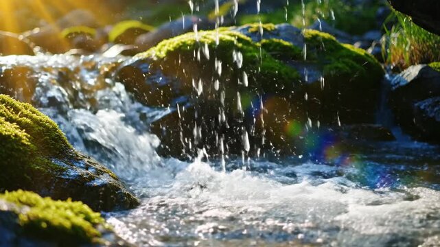 Sunlit water flowing over moss covered rocks in a natural stream