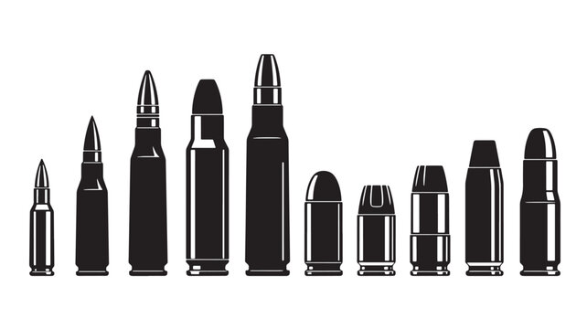 Bullets silhouette set with varying rifle and pistol shell shapes in bold monochrome vector style featuring bullet, cartridge, ammo with ammunition