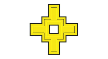 Fototapeta premium Geometric Abstract Yellow Cross Shape with Square Center on White Background