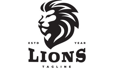 Lion head logo with roaring tribal waves and gaming lettering for Lions tagline and championship identity design featuring wave stripes, esport © Farjana