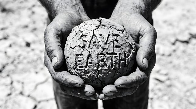 Cracked Earth Ball Held by Weathered Hands