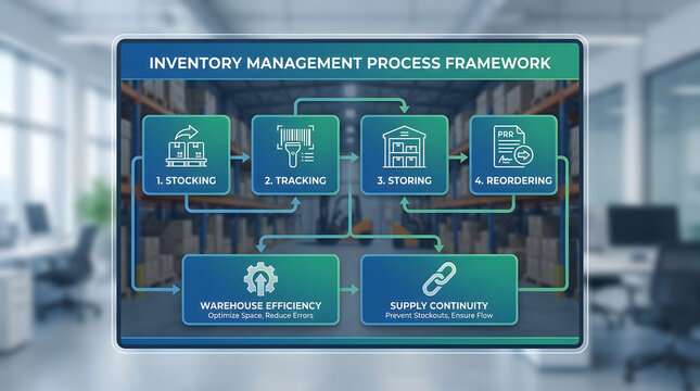 Inventory management process framework for stocking, tracking, storing and reordering goods to maintain warehouse efficiency and supply continuity in business operation and logistics workflow.