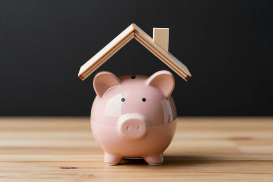 Cute piggy bank with wooden house roof.