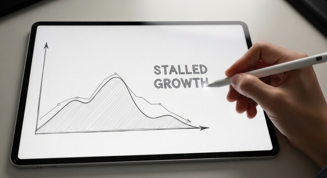 Hand drawing stalled growth chart on digital tablet screen, for economic decline, business failure, financial loss, challenging process analyzing downward market trend