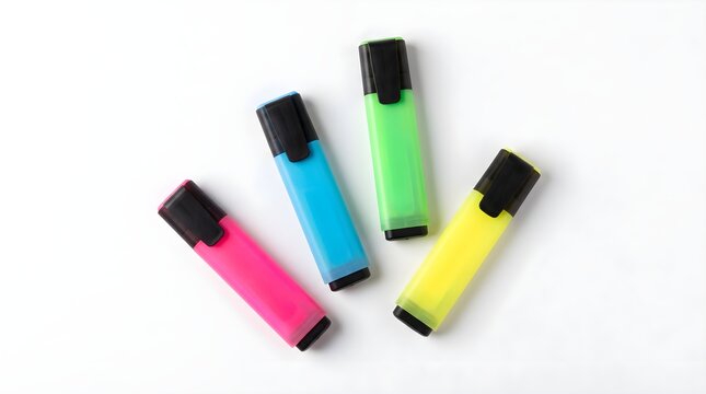 Bright neon highlighter Markers in pink, blue, green, and yellow arranged on a clean white background.