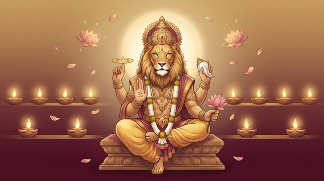 Radiant narasimha jayanti bishnu avatar hindu festival puja concept showing four armed lion deity sitting peacefully illuminated by multiple glowing traditional earthen oil lamp lights