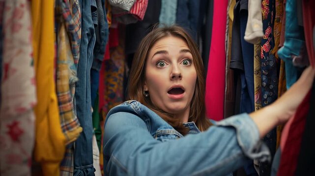 Woman in a blue shirt holds hanging clothes apart with one hand while looking toward the camera