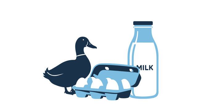Duck next to eggs and milk.