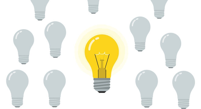 Bright Idea Lightbulb Standing Out From Group Of Dull Bulbs