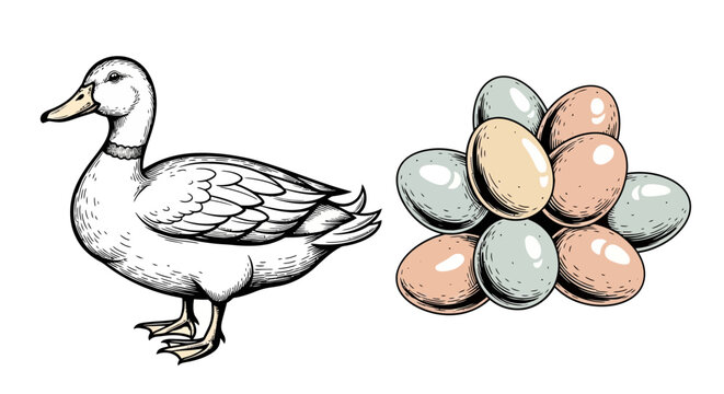 Duck standing beside colored eggs.