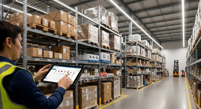 warehouse worker using tablet to manage inventory