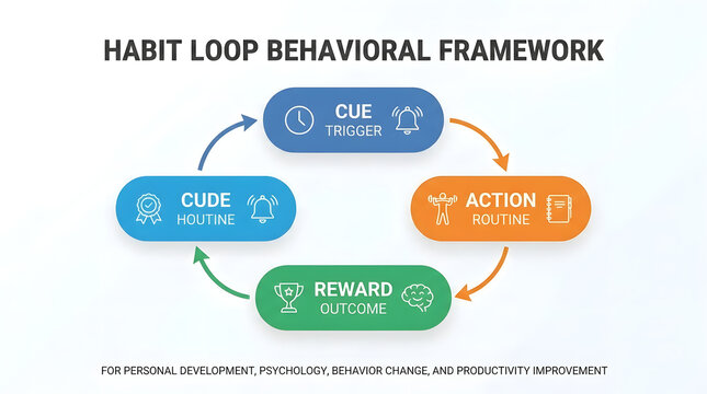 Comprehensive habit loop behavioral framework diagram illustrating cue trigger action routine and reward outcome cycles for personal development psychology and productivity improvement.