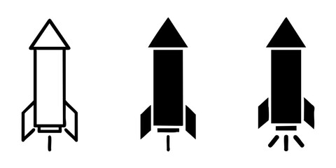Rocket Ship Icon Set, Minimalist Black and White Space Shuttle Symbols for Startup and Launch © Maksym cvc