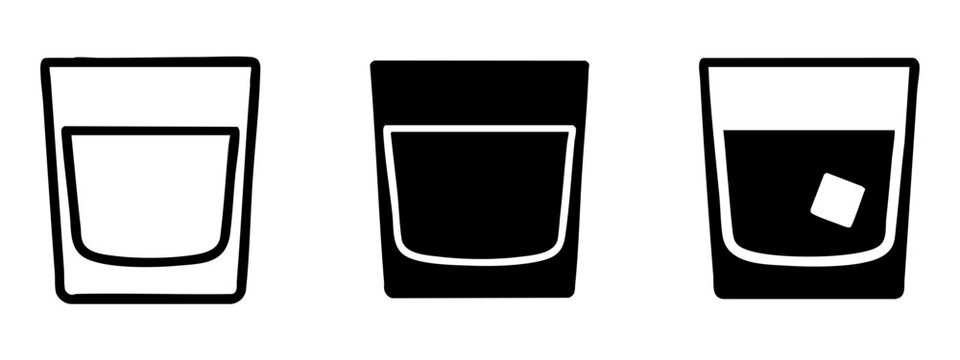 Old fashioned or whiskey rocks glass icons including ice cube detail
