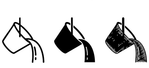 Pail Pouring Water Icon Set in Three Styles - Outline, Silhouette, and Hand-Drawn Sketch © Maksym cvc