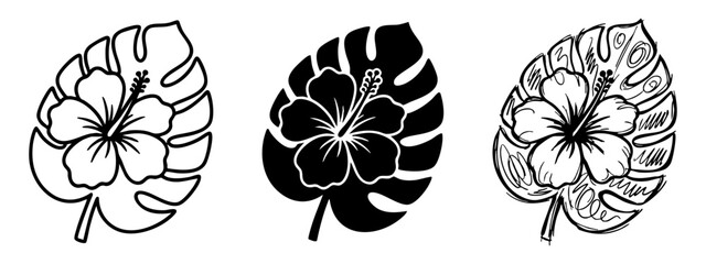 Hibiscus Flower and Monstera Leaf Tropical Icon Set © Maksym cvc