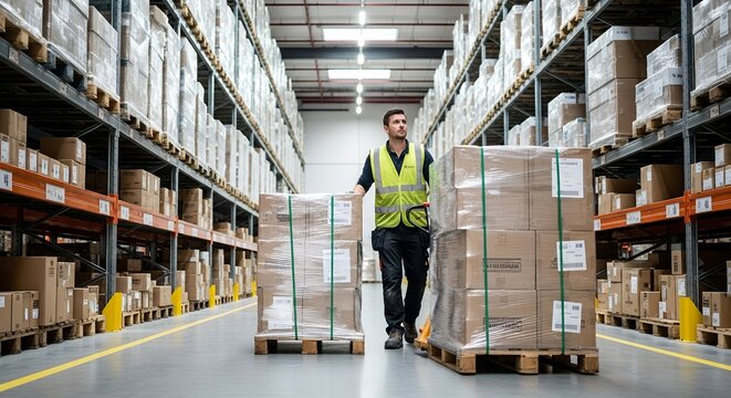 warehouse worker pushing pallet jack with boxes