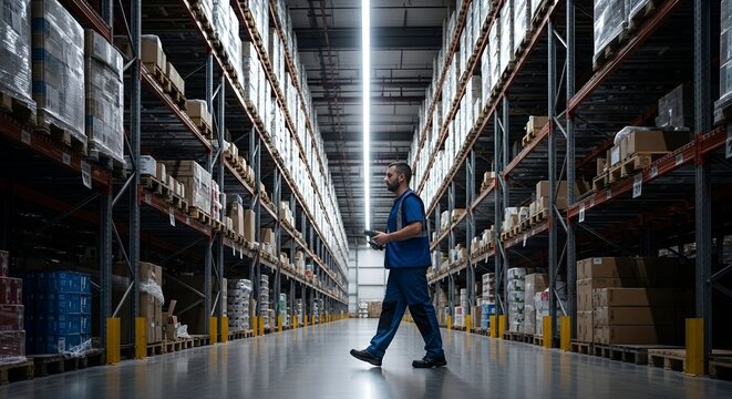 warehouse worker walking down aisle with tablet