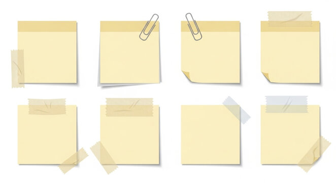 Collection of yellow sticky notes with tape and paper clips.