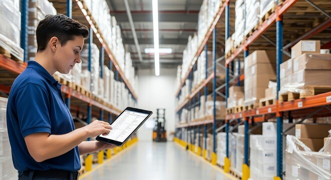 Man using tablet in warehouse aisle with shelving